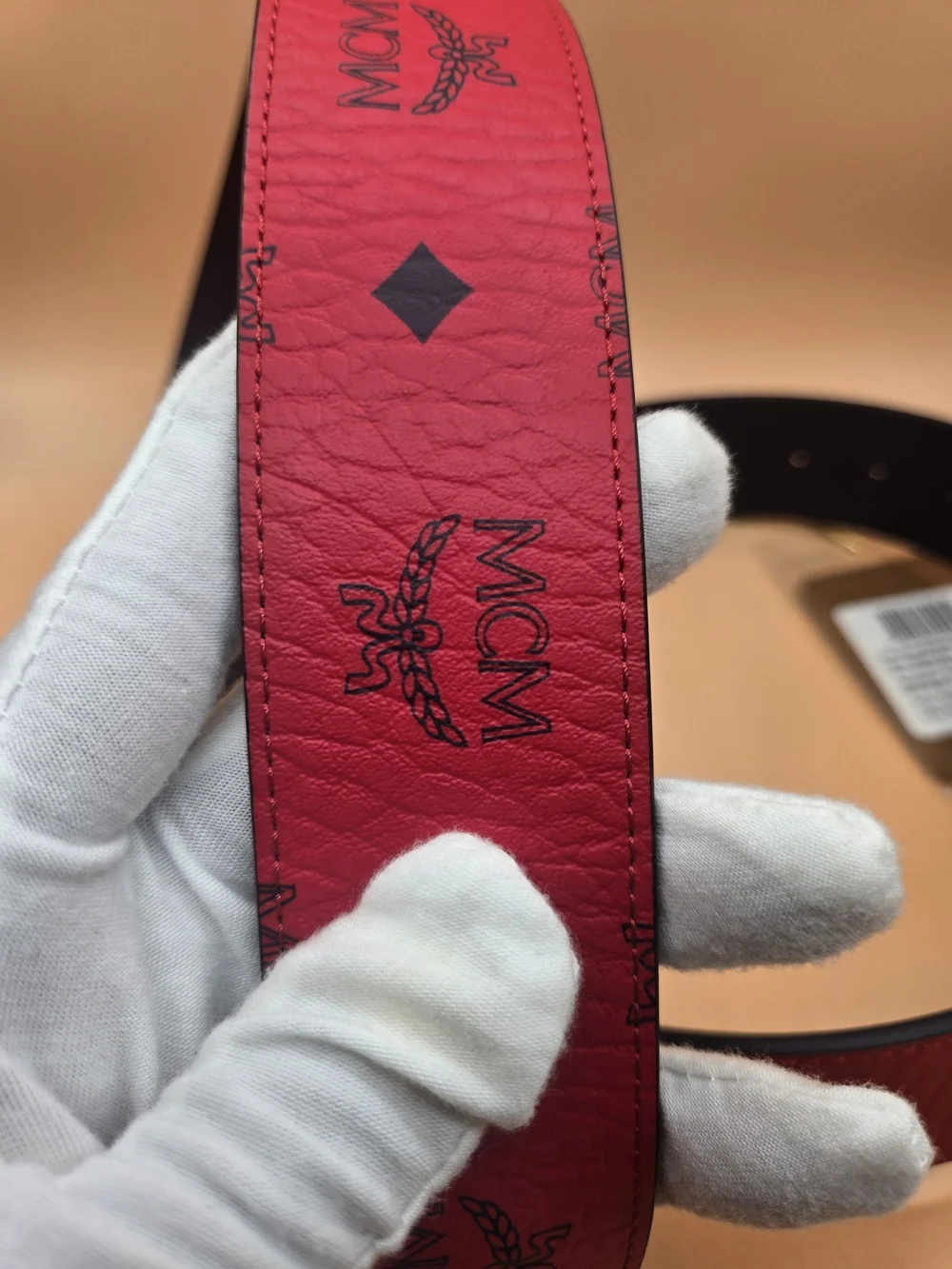 MCM Red Logo Strap Belt with Black 'M' Buckle